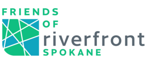 Green colored text stating Friends of Riverfront Park with a green and blue square intersected with varying white lines